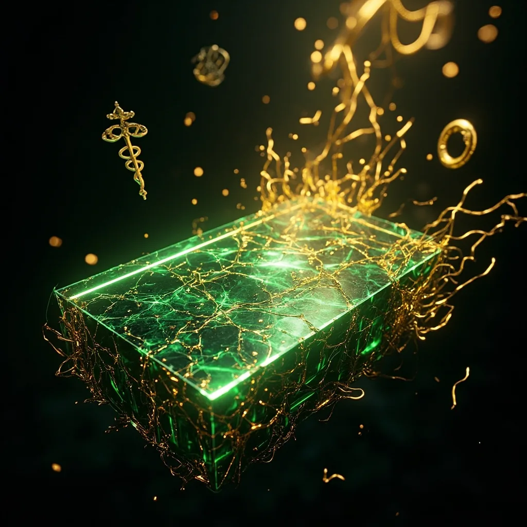 The Tabula Smaragdina — the Emerald Tablet with Latin text, illuminated by golden alchemical light, surrounded by apparatus