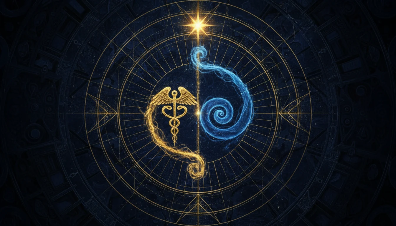 The two-and-one: the Hermetic glyph and the Sufi spiral converging on a single star.