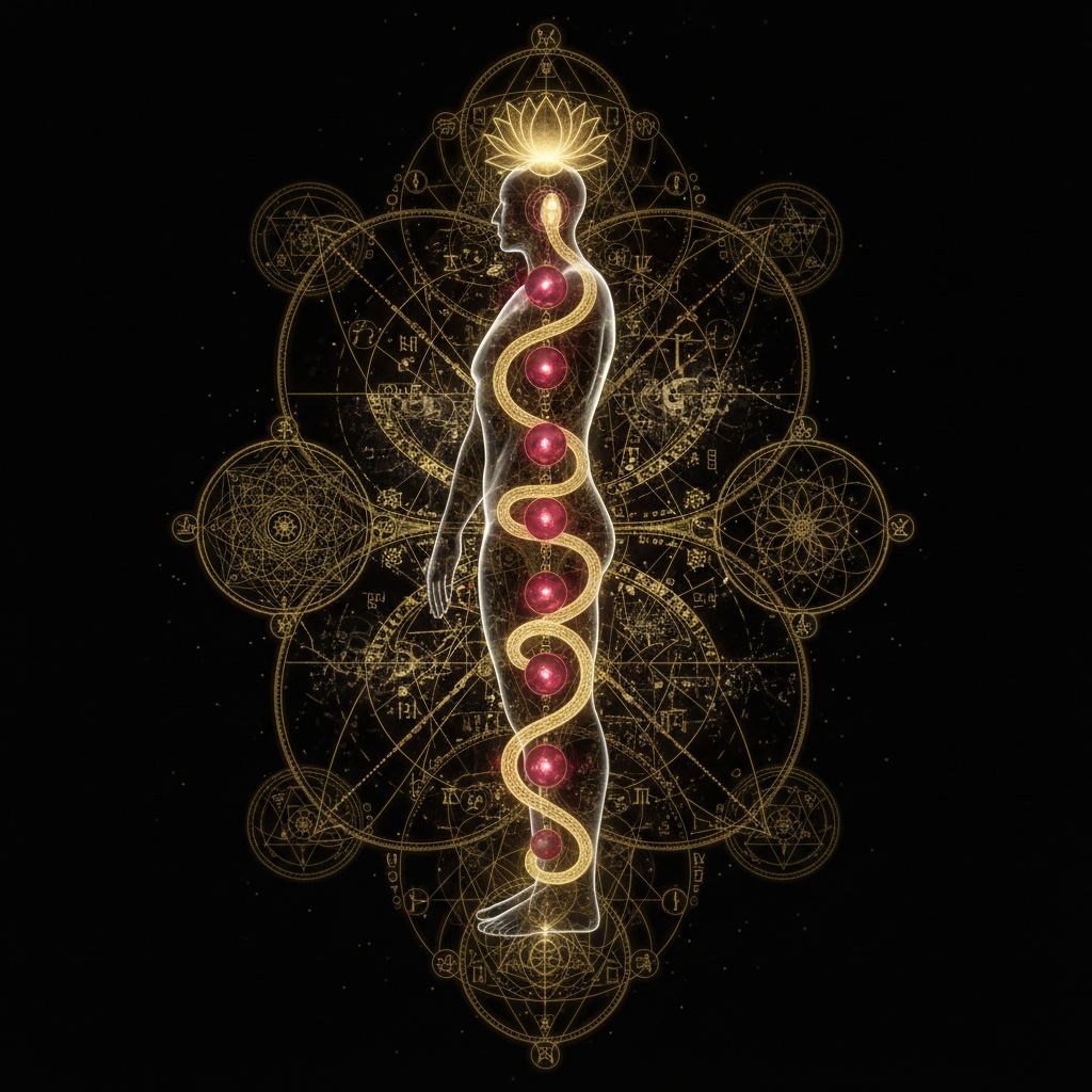 The two maps as one: the Tree of Life interlaced with the rising serpent of Kundalini up the spine.