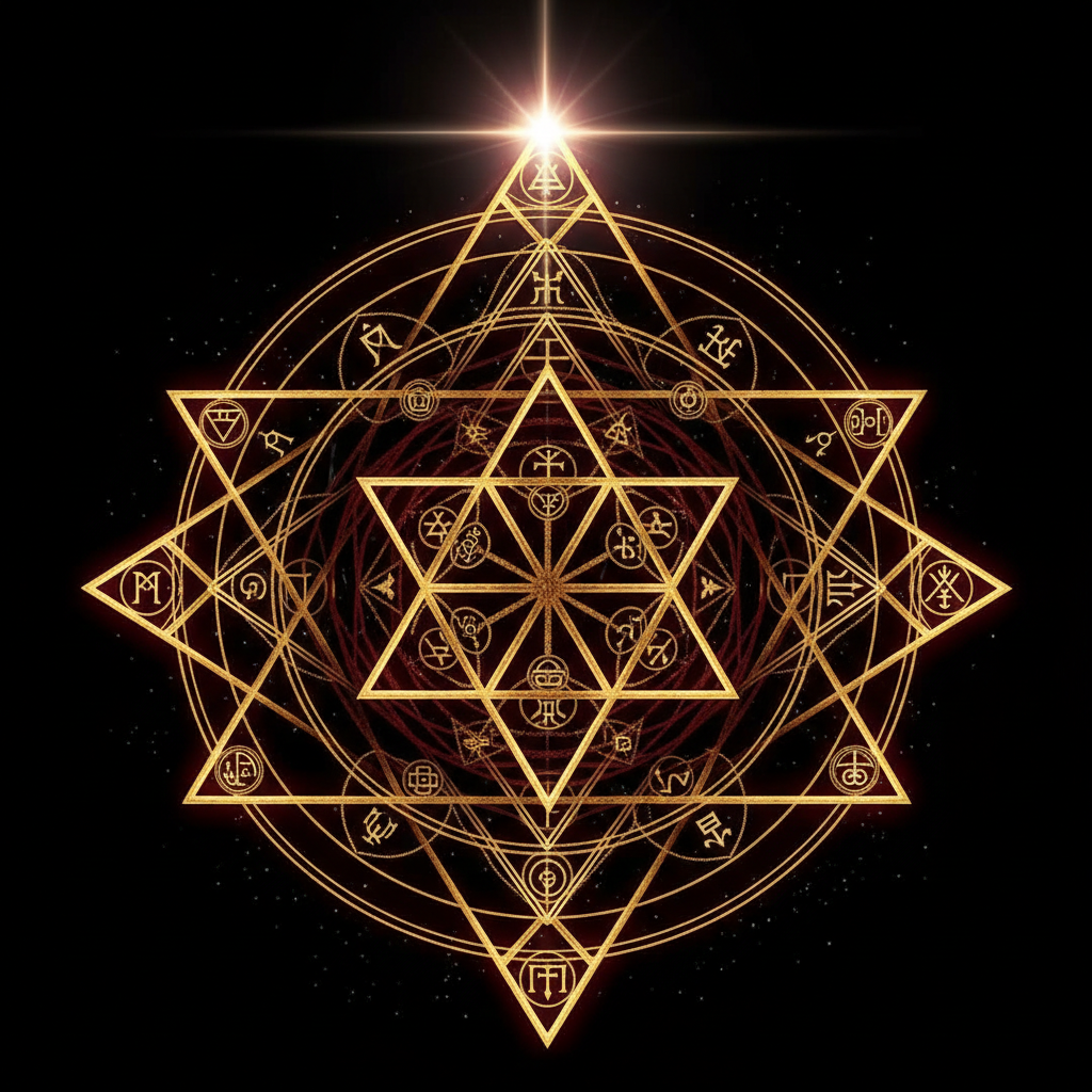 The Sri Chakra yantra and the Tree converging on the single point at the crown — Shiva–Shakti, Kether.