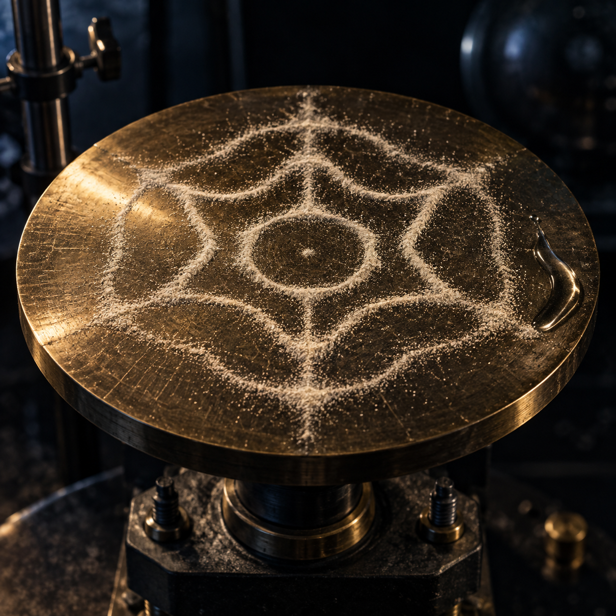 A vibrating plate with powder forming a resonant pattern, an illustration of Hans Jenny’s cymatic experiments.