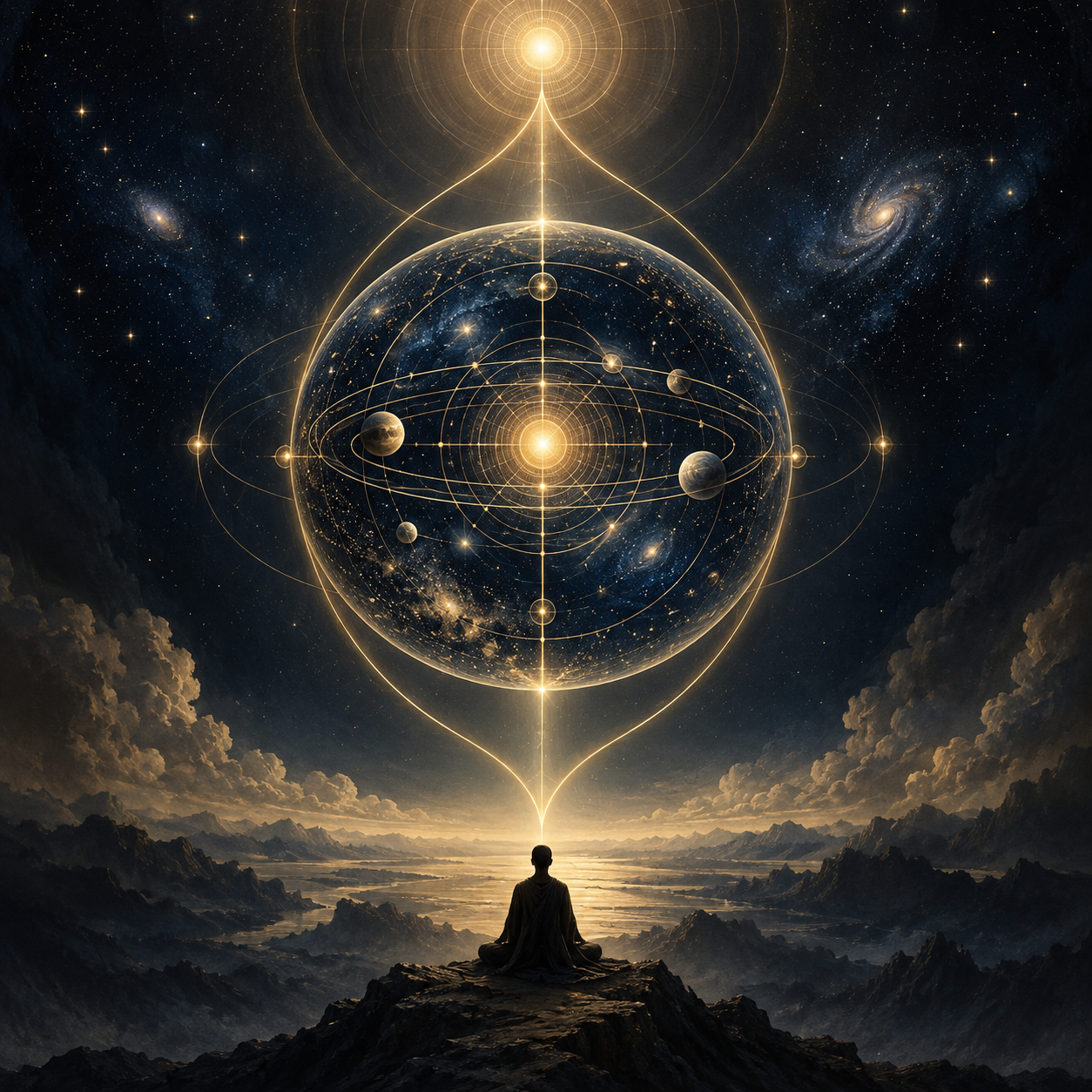 A conceptual image of source, cosmos, and human knower in Hermetic and Neoplatonic writing—not a historical diagram.