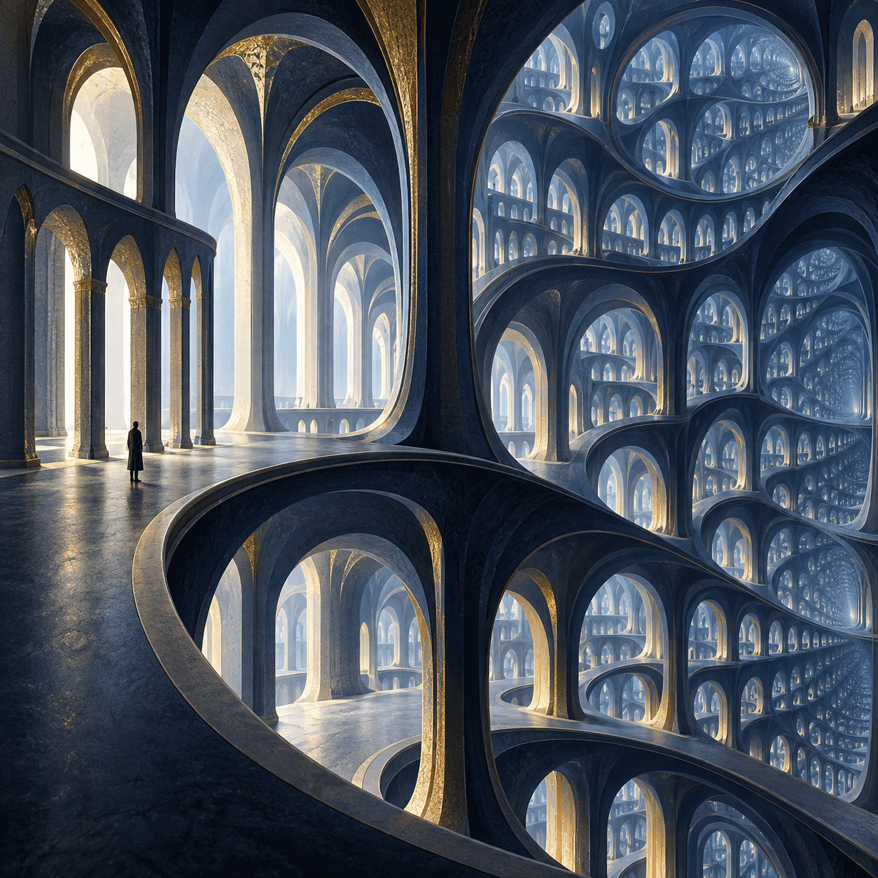 A speculative visualization of non-Euclidean subjective space discussed as a hypothesis, not a measured brain image.