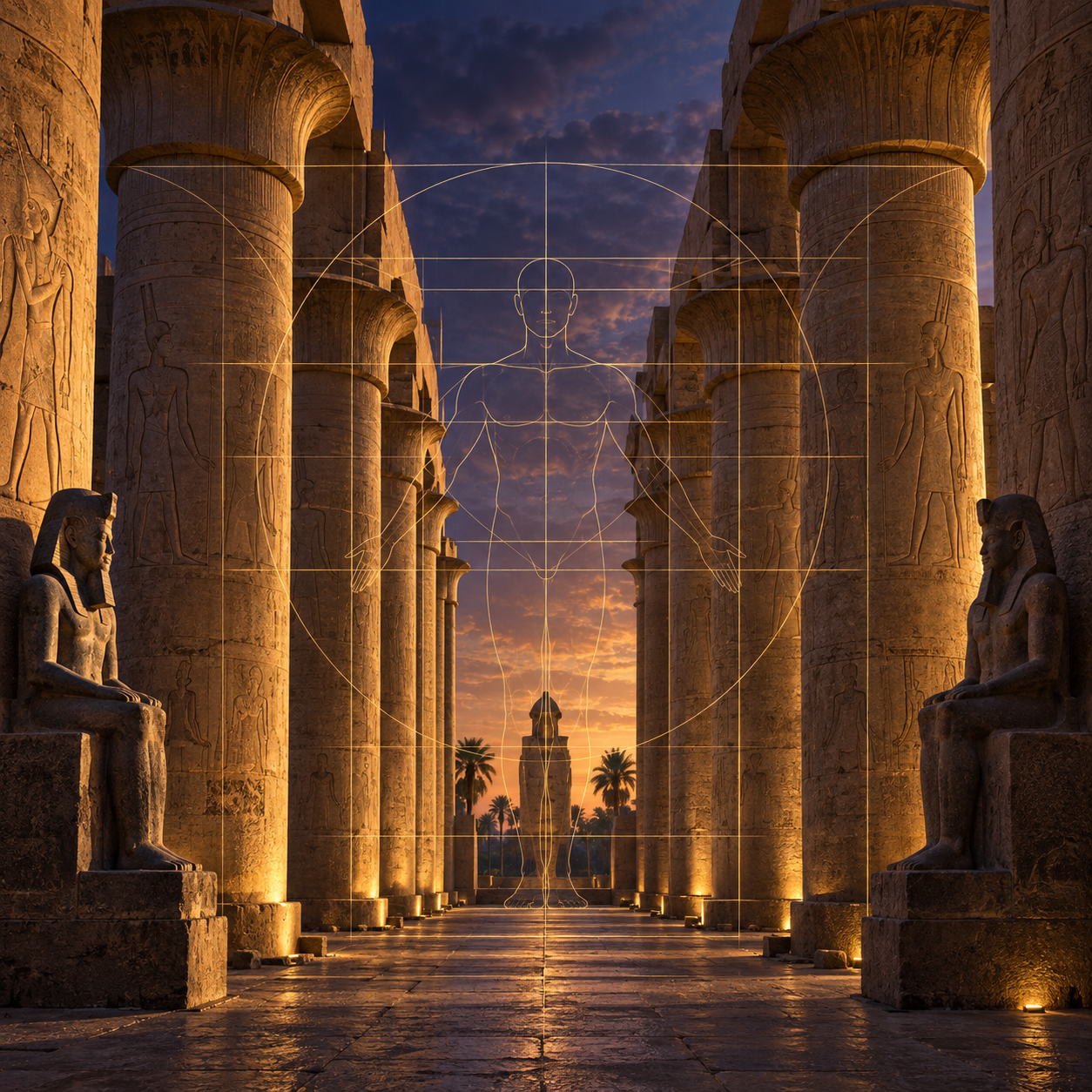 An interpretive image of Schwaller de Lubicz’s reading of Luxor’s proportions, not archaeological documentation.