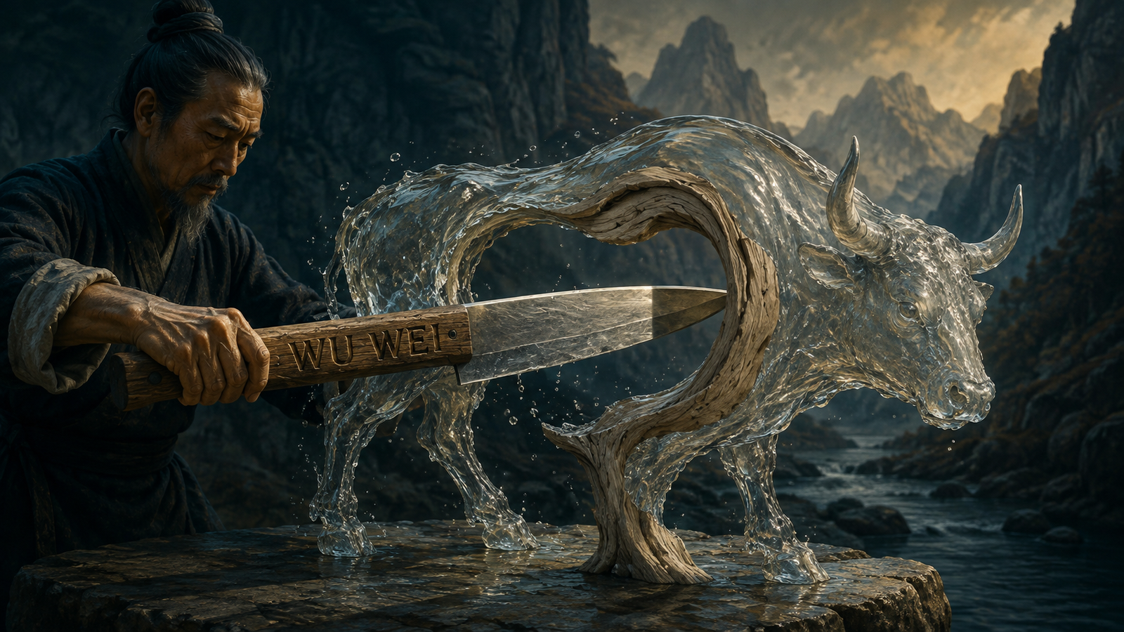 Wu wei: the blade follows the gap already present in the thing itself.